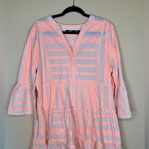 Lands' End Coral and White Striped Tiered Midi Dress